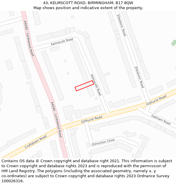 43, KELMSCOTT ROAD, BIRMINGHAM, B17 8QW: Location map and indicative extent of plot