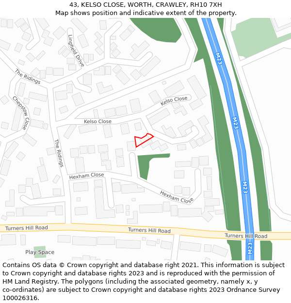 43, KELSO CLOSE, WORTH, CRAWLEY, RH10 7XH: Location map and indicative extent of plot