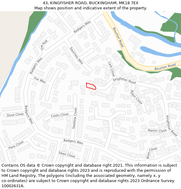 43, KINGFISHER ROAD, BUCKINGHAM, MK18 7EX: Location map and indicative extent of plot