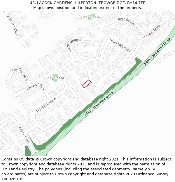 43, LACOCK GARDENS, HILPERTON, TROWBRIDGE, BA14 7TF: Location map and indicative extent of plot