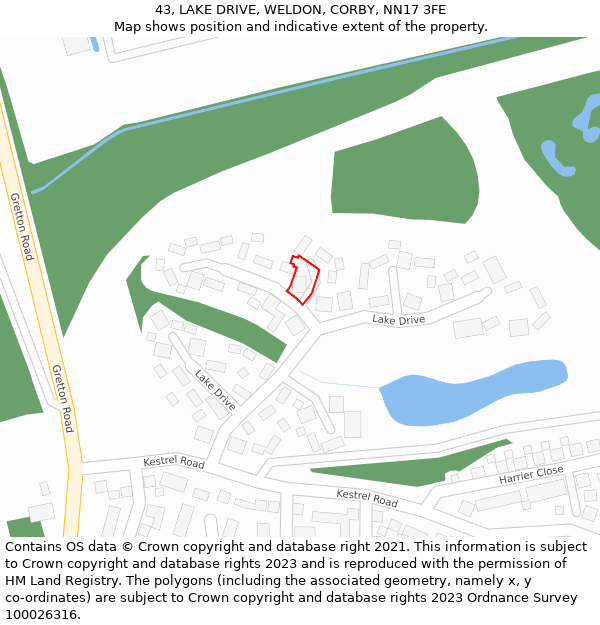 43, LAKE DRIVE, WELDON, CORBY, NN17 3FE: Location map and indicative extent of plot