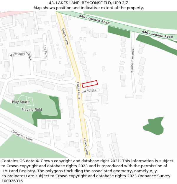 43, LAKES LANE, BEACONSFIELD, HP9 2JZ: Location map and indicative extent of plot