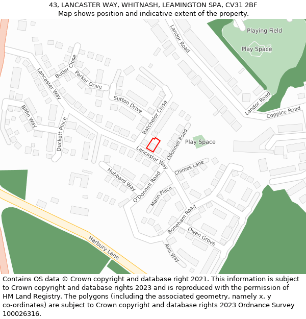 43, LANCASTER WAY, WHITNASH, LEAMINGTON SPA, CV31 2BF: Location map and indicative extent of plot
