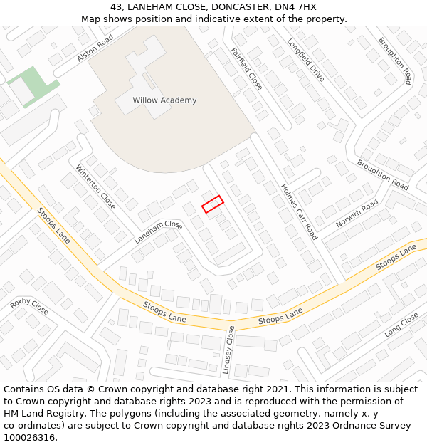 43, LANEHAM CLOSE, DONCASTER, DN4 7HX: Location map and indicative extent of plot