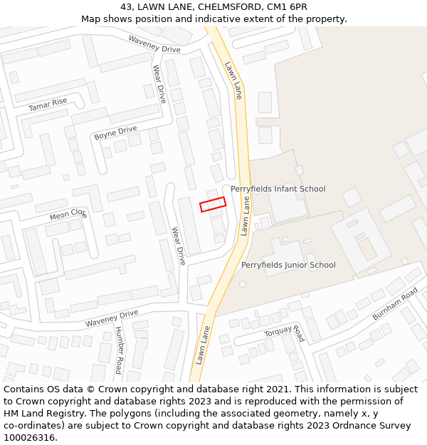 43, LAWN LANE, CHELMSFORD, CM1 6PR: Location map and indicative extent of plot