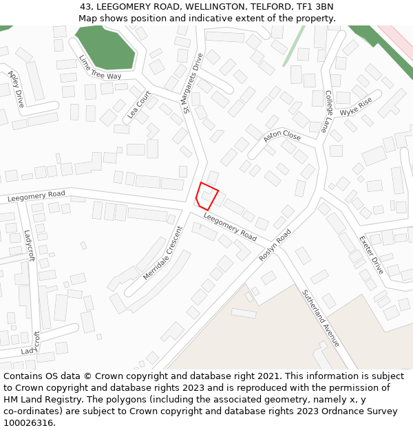 43, LEEGOMERY ROAD, WELLINGTON, TELFORD, TF1 3BN: Location map and indicative extent of plot