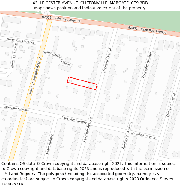 43, LEICESTER AVENUE, CLIFTONVILLE, MARGATE, CT9 3DB: Location map and indicative extent of plot