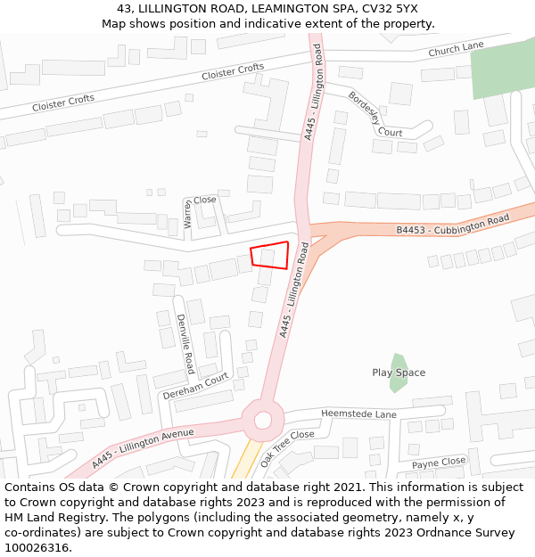 43, LILLINGTON ROAD, LEAMINGTON SPA, CV32 5YX: Location map and indicative extent of plot