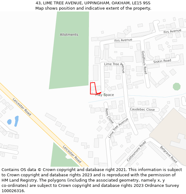 43, LIME TREE AVENUE, UPPINGHAM, OAKHAM, LE15 9SS: Location map and indicative extent of plot