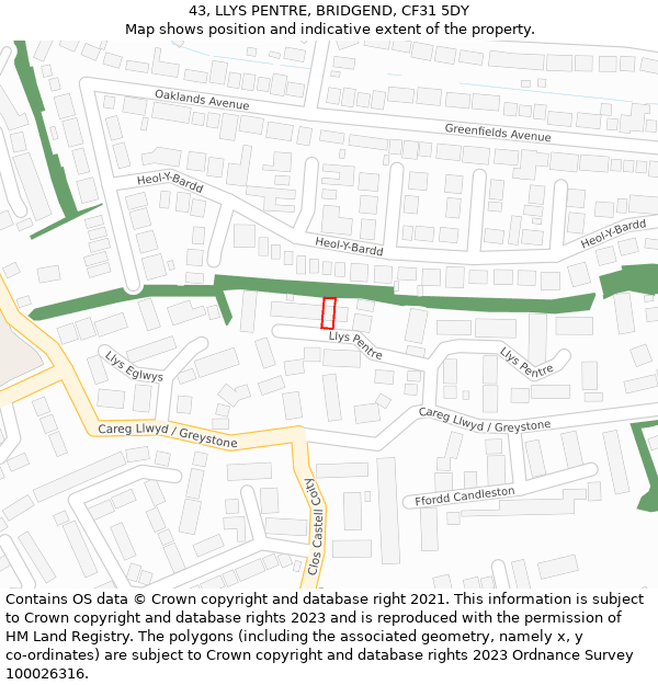 43, LLYS PENTRE, BRIDGEND, CF31 5DY: Location map and indicative extent of plot