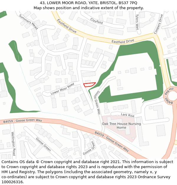 43, LOWER MOOR ROAD, YATE, BRISTOL, BS37 7PQ: Location map and indicative extent of plot