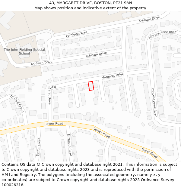 43, MARGARET DRIVE, BOSTON, PE21 9AN: Location map and indicative extent of plot