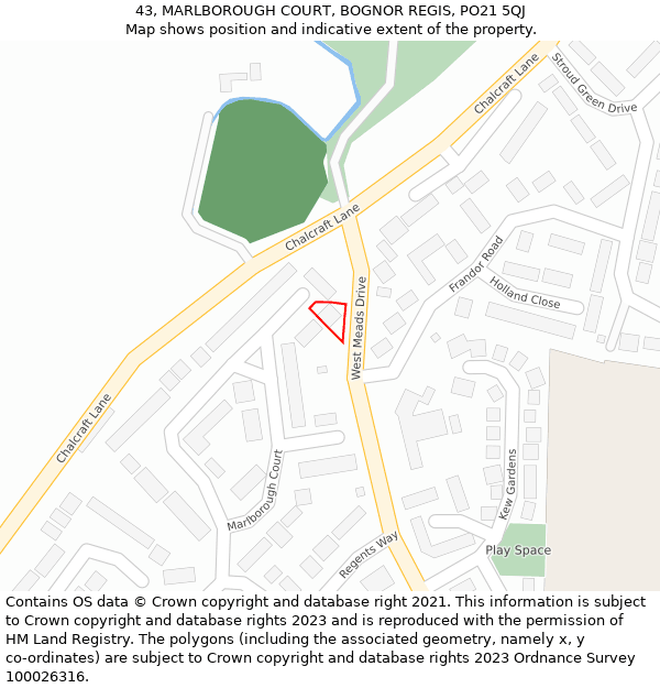 43, MARLBOROUGH COURT, BOGNOR REGIS, PO21 5QJ: Location map and indicative extent of plot