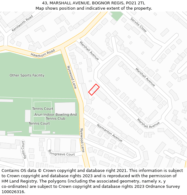 43, MARSHALL AVENUE, BOGNOR REGIS, PO21 2TL: Location map and indicative extent of plot