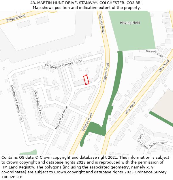 43, MARTIN HUNT DRIVE, STANWAY, COLCHESTER, CO3 8BL: Location map and indicative extent of plot