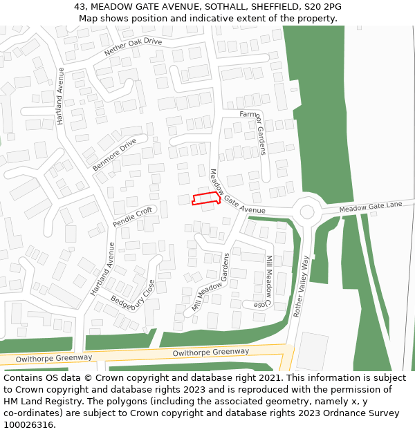 43, MEADOW GATE AVENUE, SOTHALL, SHEFFIELD, S20 2PG: Location map and indicative extent of plot