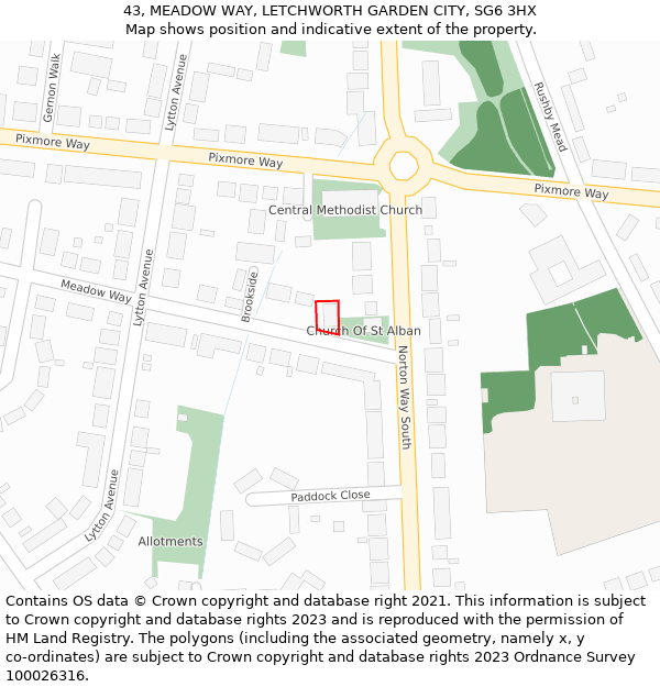 43, MEADOW WAY, LETCHWORTH GARDEN CITY, SG6 3HX: Location map and indicative extent of plot