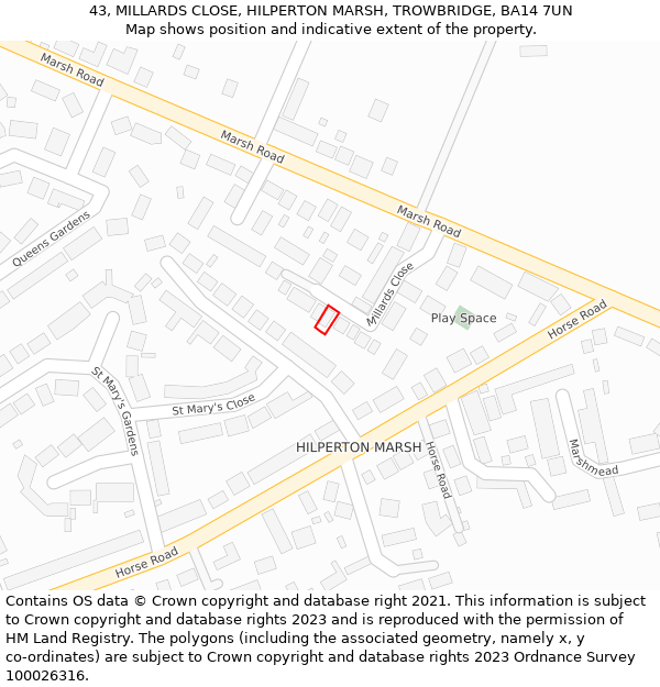 43, MILLARDS CLOSE, HILPERTON MARSH, TROWBRIDGE, BA14 7UN: Location map and indicative extent of plot