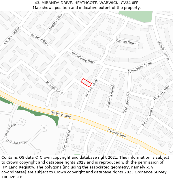 43, MIRANDA DRIVE, HEATHCOTE, WARWICK, CV34 6FE: Location map and indicative extent of plot