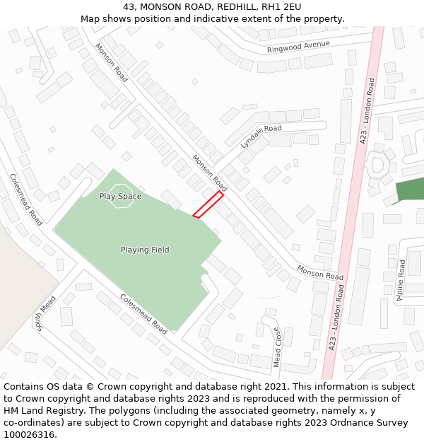 43, MONSON ROAD, REDHILL, RH1 2EU: Location map and indicative extent of plot