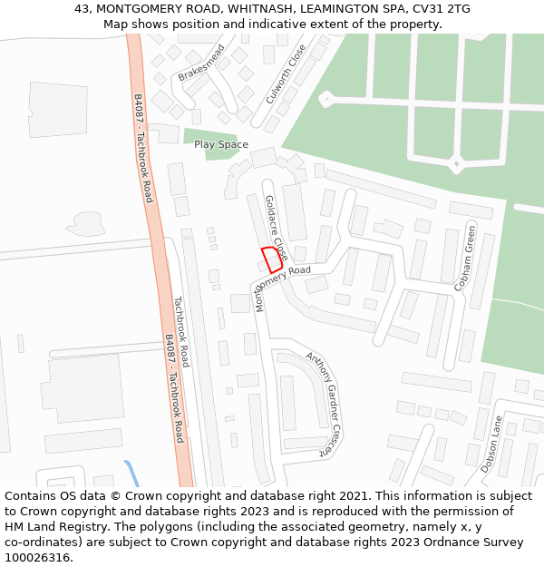 43, MONTGOMERY ROAD, WHITNASH, LEAMINGTON SPA, CV31 2TG: Location map and indicative extent of plot