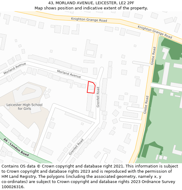 43, MORLAND AVENUE, LEICESTER, LE2 2PF: Location map and indicative extent of plot