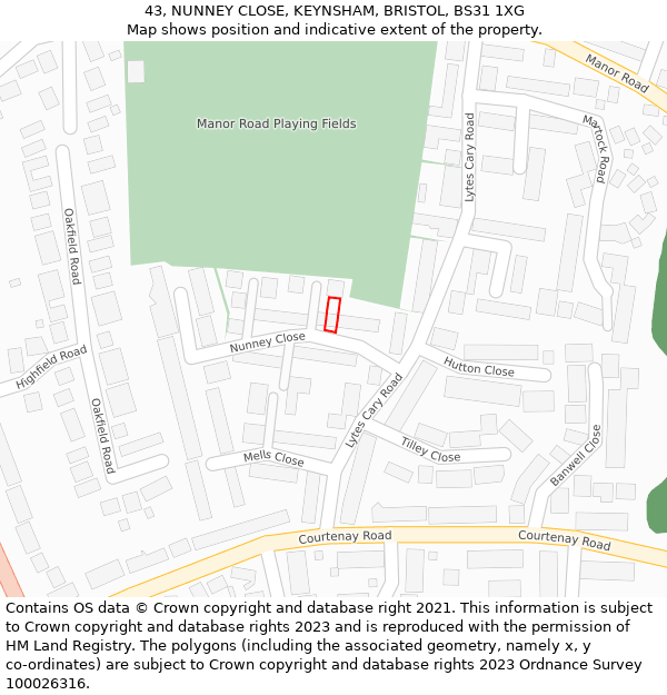 43, NUNNEY CLOSE, KEYNSHAM, BRISTOL, BS31 1XG: Location map and indicative extent of plot