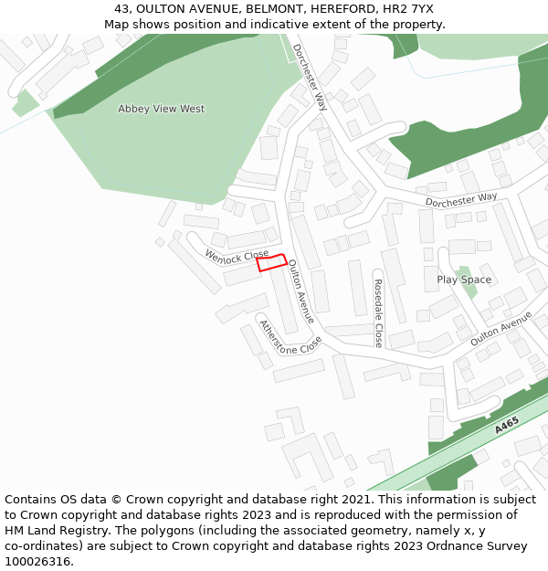 43, OULTON AVENUE, BELMONT, HEREFORD, HR2 7YX: Location map and indicative extent of plot