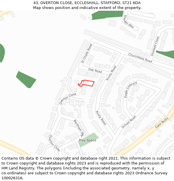 43, OVERTON CLOSE, ECCLESHALL, STAFFORD, ST21 6DA: Location map and indicative extent of plot