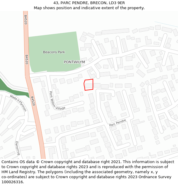 43, PARC PENDRE, BRECON, LD3 9ER: Location map and indicative extent of plot