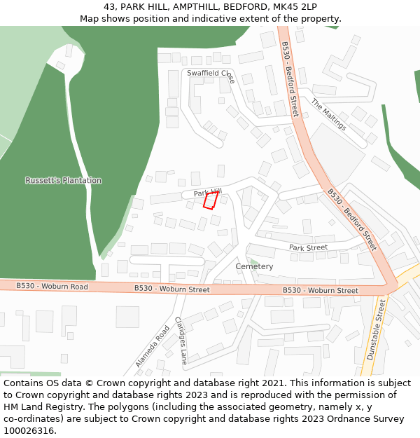 43, PARK HILL, AMPTHILL, BEDFORD, MK45 2LP: Location map and indicative extent of plot