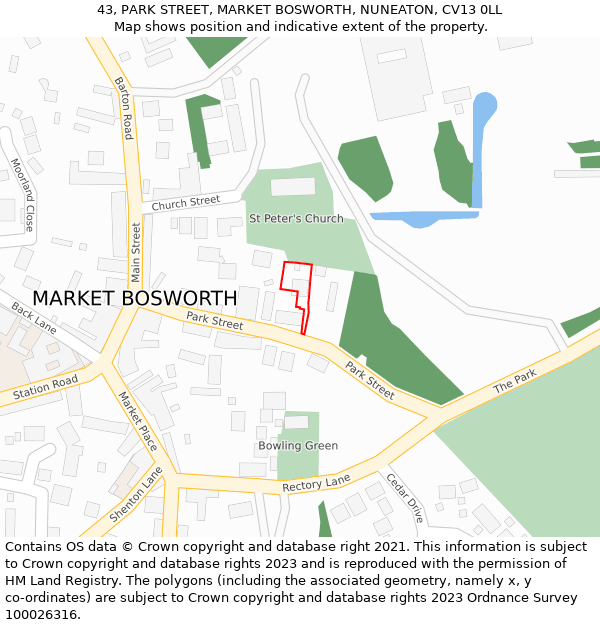 43, PARK STREET, MARKET BOSWORTH, NUNEATON, CV13 0LL: Location map and indicative extent of plot