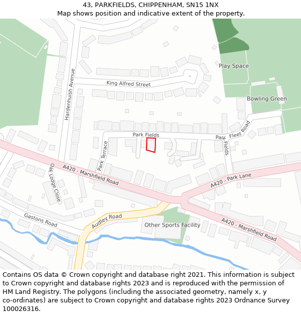 43, PARKFIELDS, CHIPPENHAM, SN15 1NX: Location map and indicative extent of plot