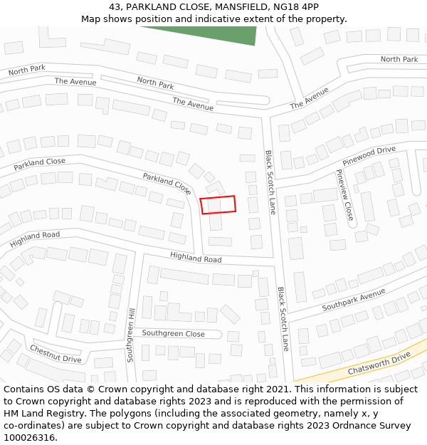 43, PARKLAND CLOSE, MANSFIELD, NG18 4PP: Location map and indicative extent of plot