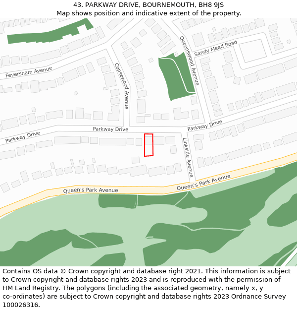 43, PARKWAY DRIVE, BOURNEMOUTH, BH8 9JS: Location map and indicative extent of plot