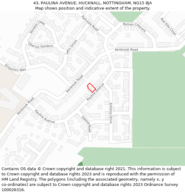 43, PAULINA AVENUE, HUCKNALL, NOTTINGHAM, NG15 8JA: Location map and indicative extent of plot