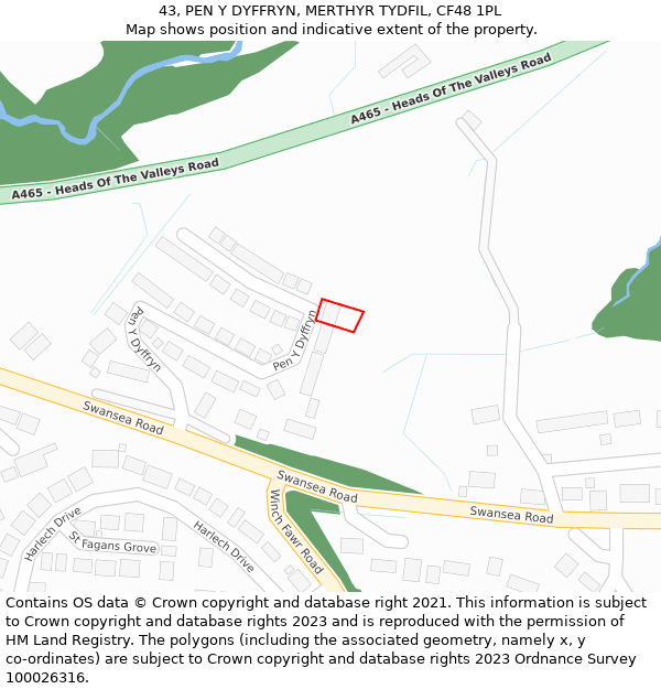 43, PEN Y DYFFRYN, MERTHYR TYDFIL, CF48 1PL: Location map and indicative extent of plot