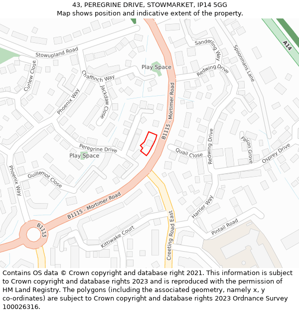 43, PEREGRINE DRIVE, STOWMARKET, IP14 5GG: Location map and indicative extent of plot