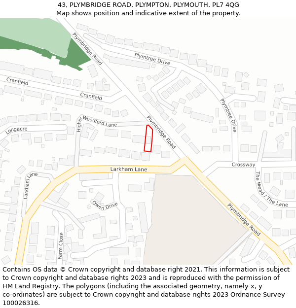 43, PLYMBRIDGE ROAD, PLYMPTON, PLYMOUTH, PL7 4QG: Location map and indicative extent of plot