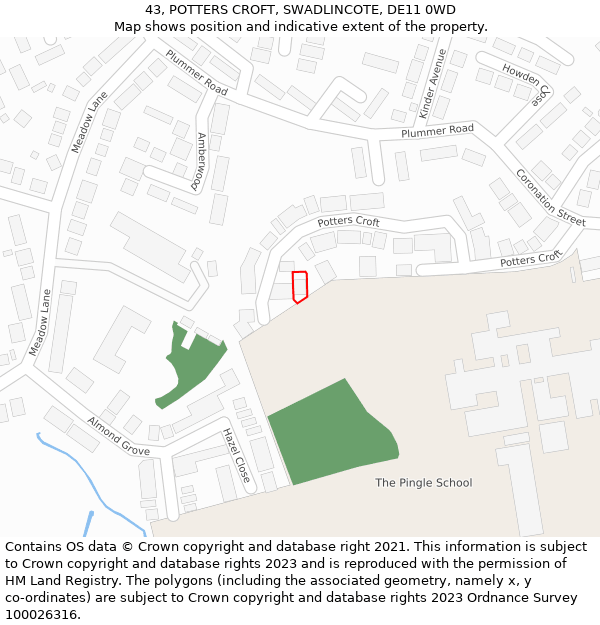 43, POTTERS CROFT, SWADLINCOTE, DE11 0WD: Location map and indicative extent of plot