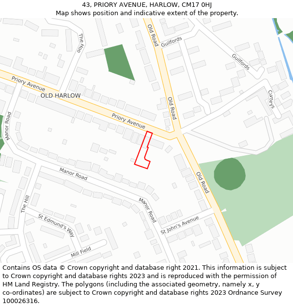 43, PRIORY AVENUE, HARLOW, CM17 0HJ: Location map and indicative extent of plot
