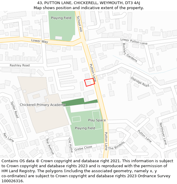 43, PUTTON LANE, CHICKERELL, WEYMOUTH, DT3 4AJ: Location map and indicative extent of plot