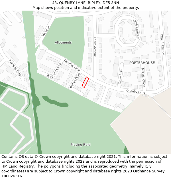 43, QUENBY LANE, RIPLEY, DE5 3NN: Location map and indicative extent of plot