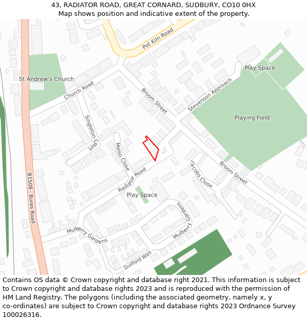 43, RADIATOR ROAD, GREAT CORNARD, SUDBURY, CO10 0HX: Location map and indicative extent of plot