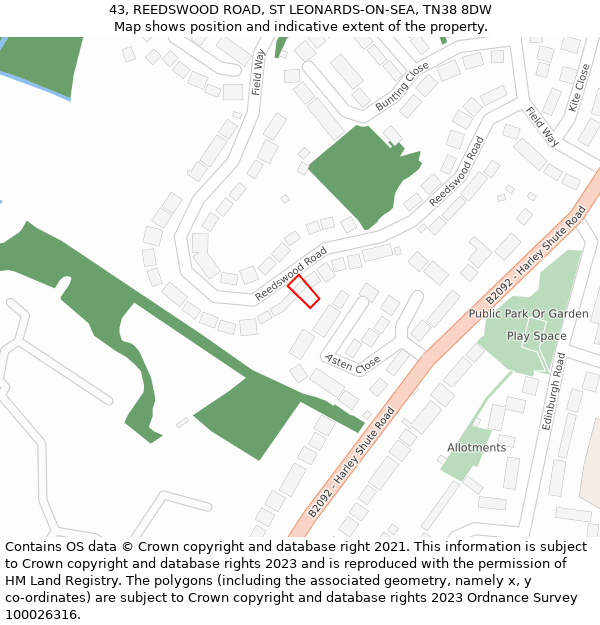 43, REEDSWOOD ROAD, ST LEONARDS-ON-SEA, TN38 8DW: Location map and indicative extent of plot