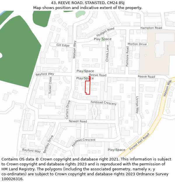 43, REEVE ROAD, STANSTED, CM24 8SJ: Location map and indicative extent of plot