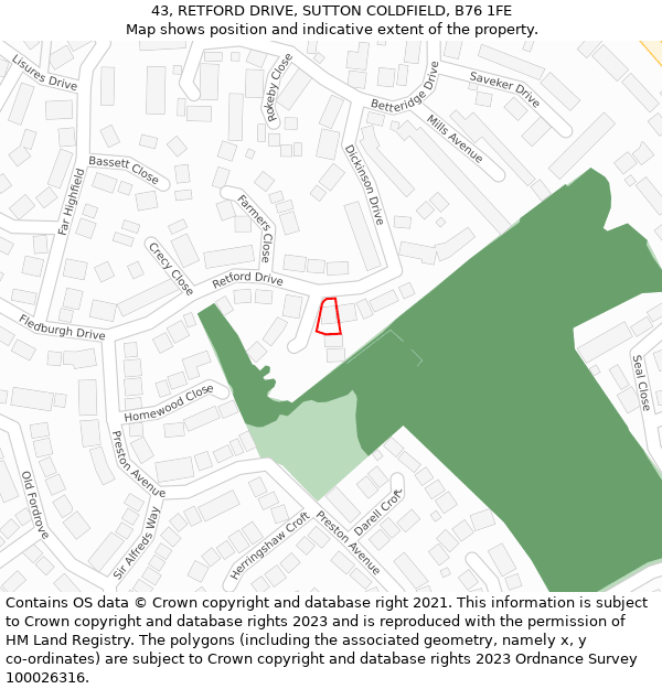 43, RETFORD DRIVE, SUTTON COLDFIELD, B76 1FE: Location map and indicative extent of plot
