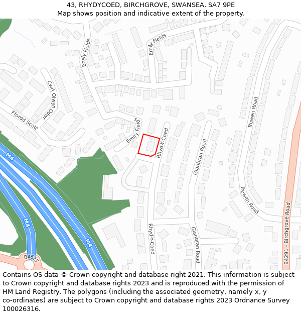 43, RHYDYCOED, BIRCHGROVE, SWANSEA, SA7 9PE: Location map and indicative extent of plot