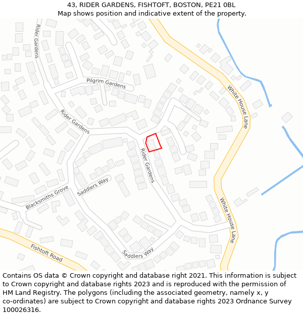 43, RIDER GARDENS, FISHTOFT, BOSTON, PE21 0BL: Location map and indicative extent of plot