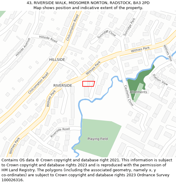 43, RIVERSIDE WALK, MIDSOMER NORTON, RADSTOCK, BA3 2PD: Location map and indicative extent of plot